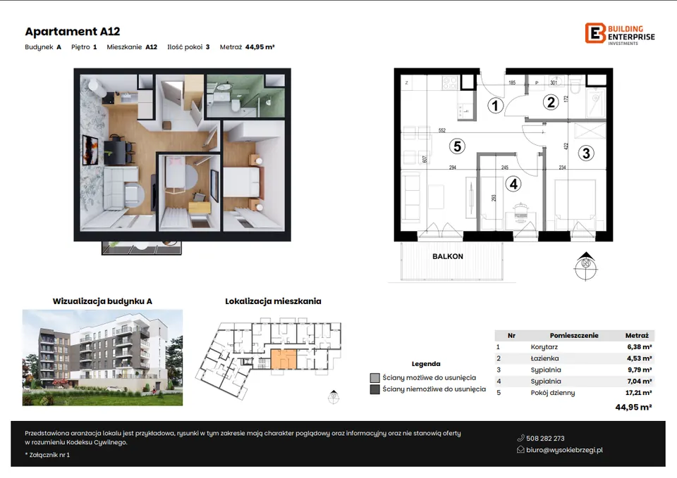 Karta apartamentu z metrażem, ceną i zapytaniem