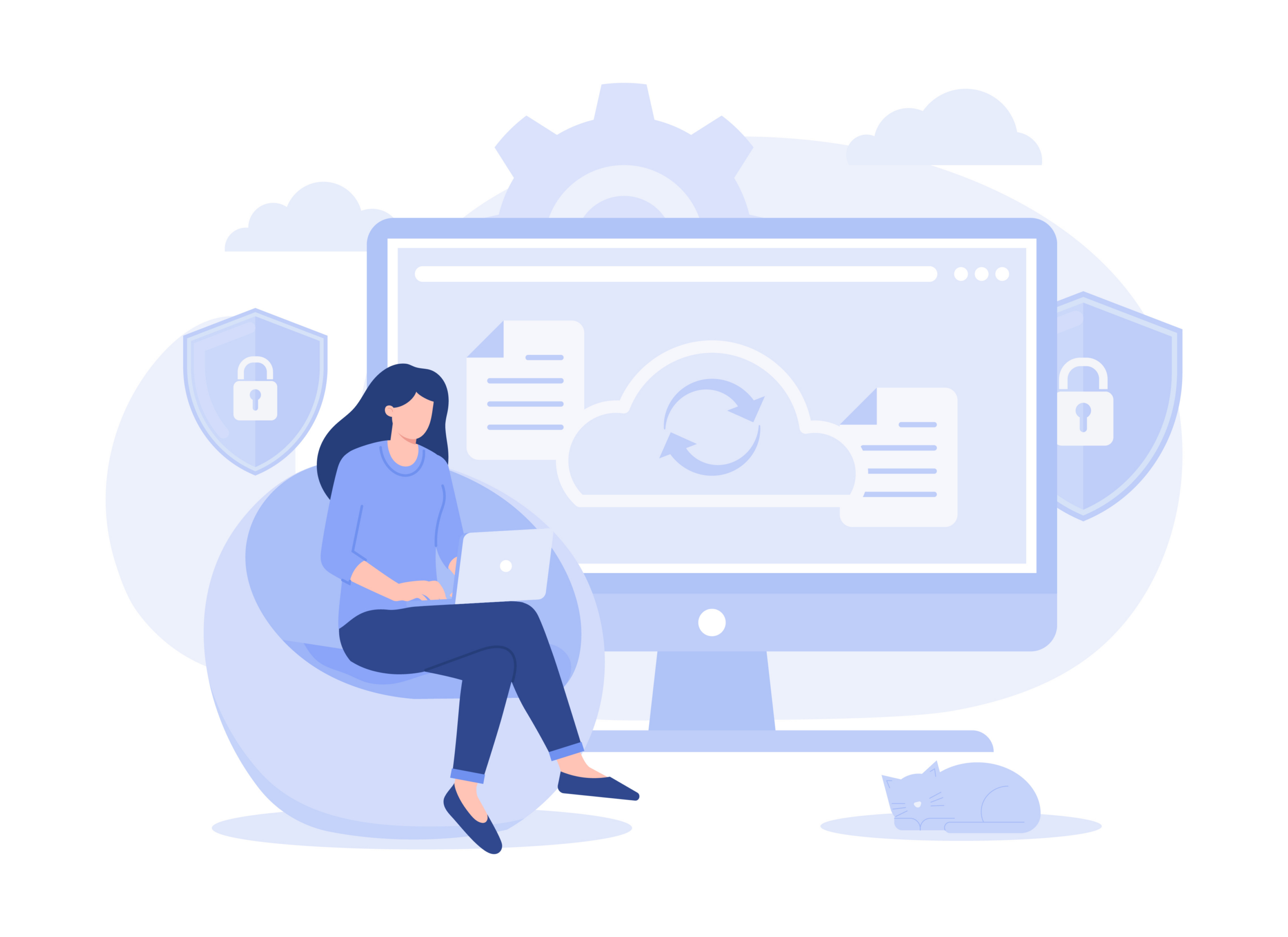 Kobieta synchronizująca dane, urządzenie do synchronizacji bezprzewodowej. Nowoczesna, płaska ilustracja wektorowa.