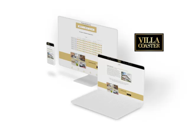Zrzut ekranu strony internetowej Villa Coaster, prezentujący ofertę apartamentów.